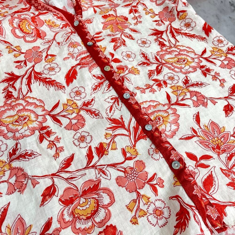 Rachel Zoe 100% Linen Floral Button Front Boho Shirt Top Small Red Salmon Coral - Picture 10 of 11